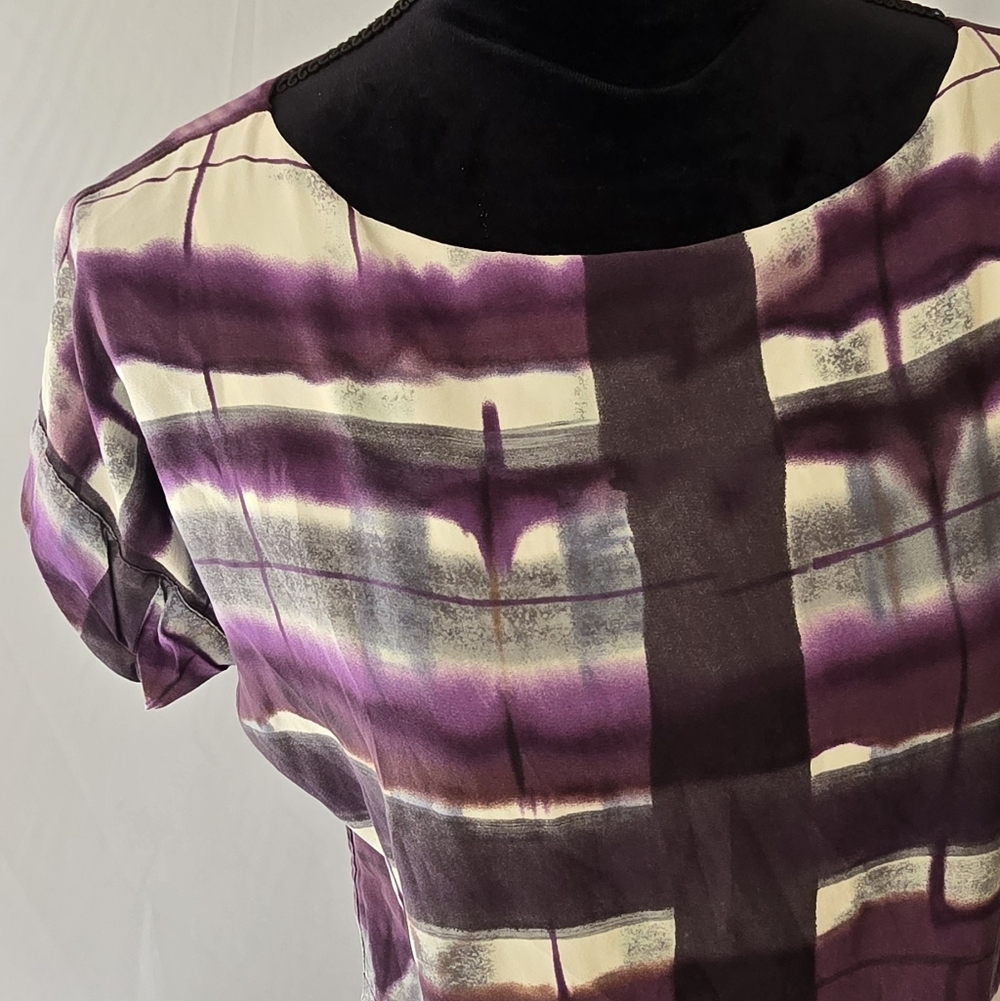 alice+olivia women XS silk watercolor 3/4 zipper blouse short sleeve boho Career - Picture 3 of 8